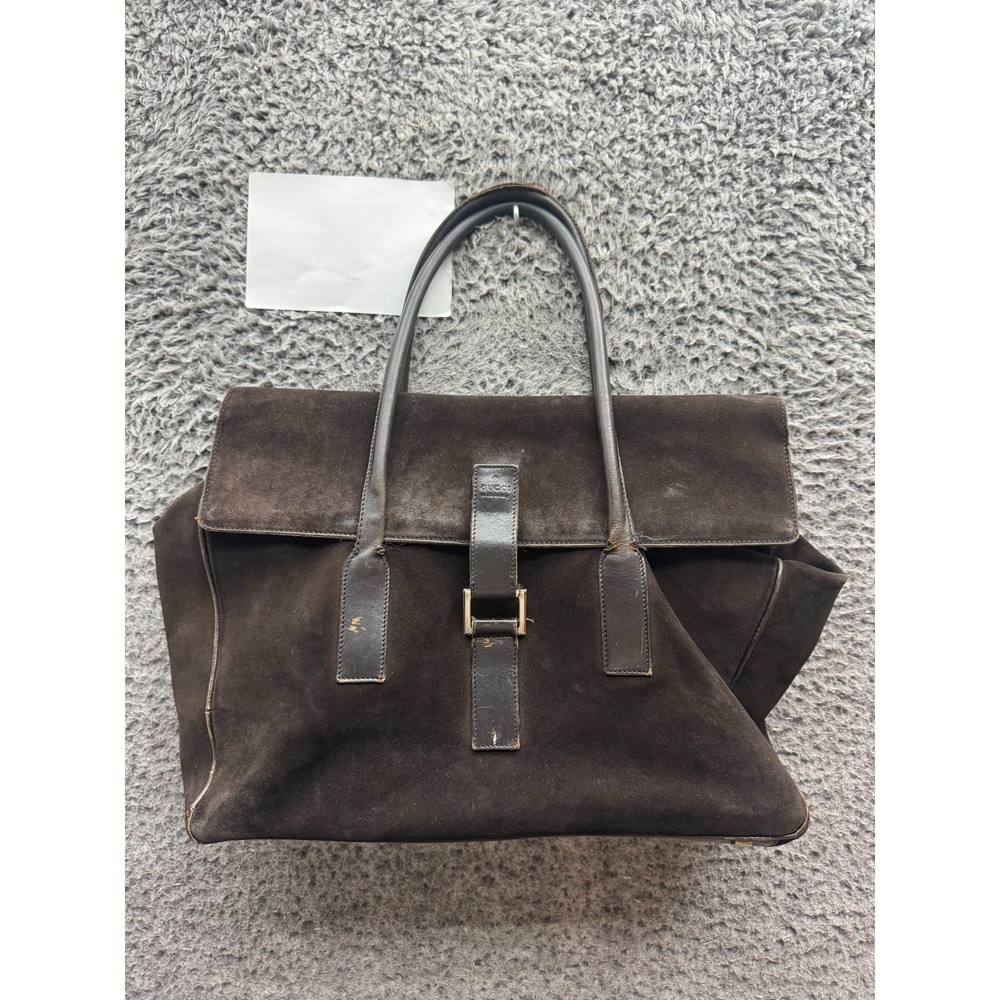 Vintage Authentic Gucci Womens Suede Leather Satchel Tote Bag Dark Brown 203569